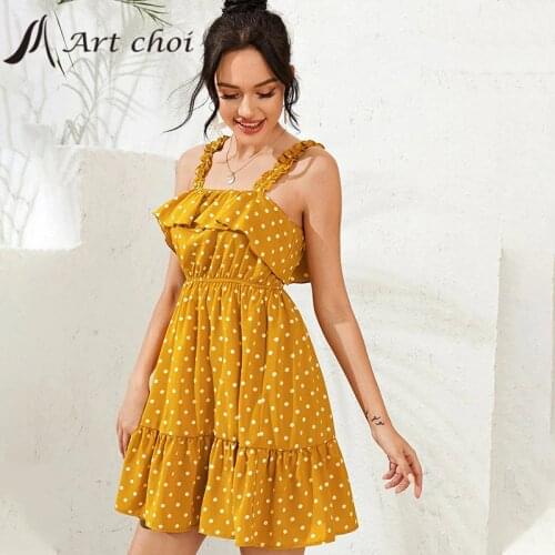 2021 Women Dots Ruffle Spaghetti Strap Dress Summer A-Line Sleeveless Sexy Ladies Party Beach Boho Casual Holiday Mini Vestido