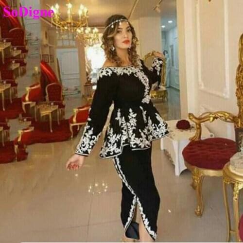 SoDigne Algerian outfits Caftan Evening Dresses Short Lace Appliques Long Sleeves Muslim women special occasion dresses
