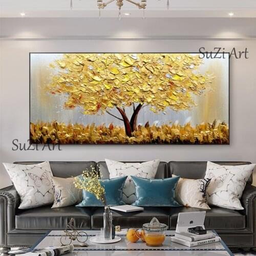 100% New Handmade Large Gold money Tree Painting Modern landscape Oil Painting On Canvas Wall Art Picture For Home Office Decor