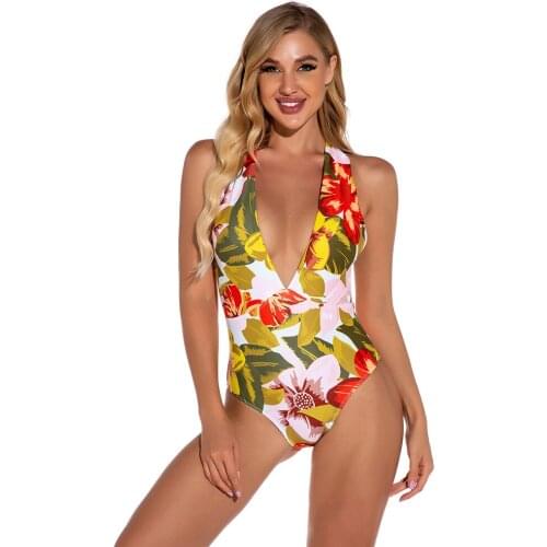 Floral Halter One-Piece Swimsuit Women Sexy Deep V-Neck Backless Monokini 2021 Pushed Up New Beachwear Bathingsuit Swimwear