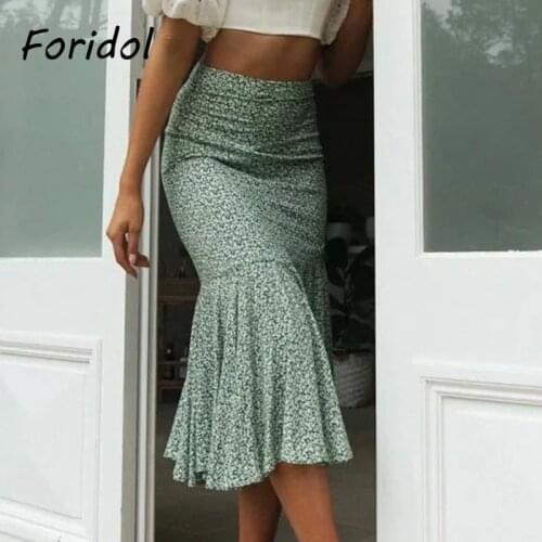 Foridol Floral Print Mermaid Skirts Womens High Waist Summer Boho Long Skirt Bottom Cotton Green Trumpet Beach Skirt 2021