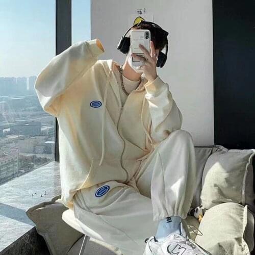 Men Winter Casual Sweatsuit Two Piece Loose Tracksuit Long Sleeve Tee Oversized T-shirts Mens Sets Male Chic Mens Joggers Set