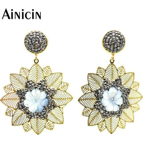 New Arrival Women Flower Shape Dangle Earrings Rhinestone Crystal Flower Shell Carved Jewelry Party Birthday Gift Jewelry