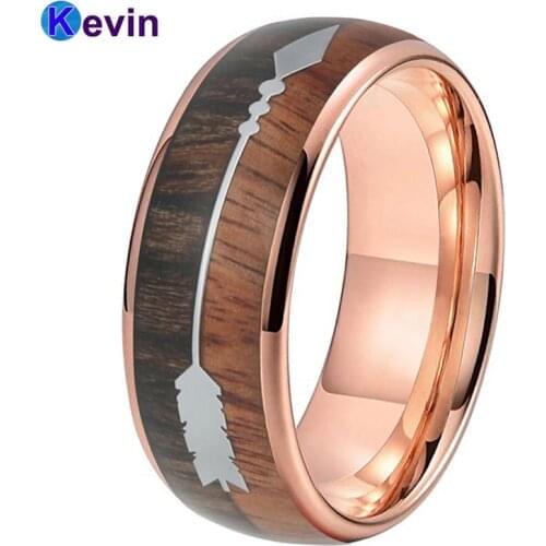 Rose Gold Wedding Band Tungsten Wedding Ring For Men And Women With Koa Wood And Arrow Inlay Comfort Fit New Arrival