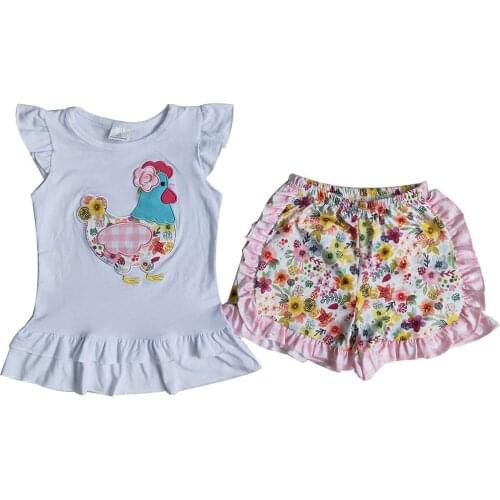Toddler Baby Girl Boy Cartoon Clothes Infant Newborns Short Sleeve Shirt Embroidery Chicken Top Ruffle Floral Shorts Outfit Sets