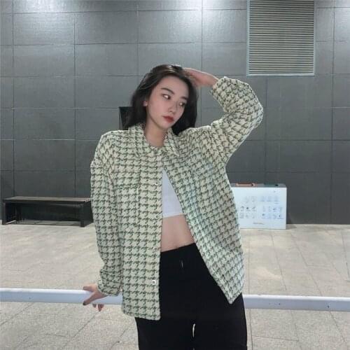 Womens houndstooth woolen coat female niche design autumn and winter new loose casual top