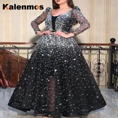 Sequins Maxi Dress Women KALENMOS Big Swing Lace Mesh Long Sleeve Round Neck Sexy Black Empire Solid Womens Club Party Vestidos