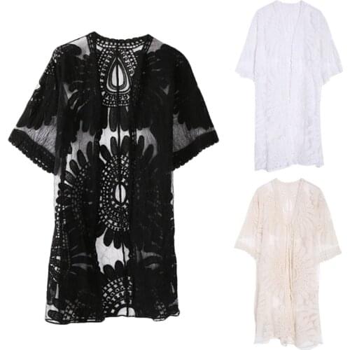 Beach Cover Up Floral Embroidery Bikini Swimwear Women Robe Cardigan BathingSuit