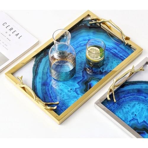 Lake Blue Agate Pattern Rectangular Living Room Kitchen serving Tray Table Storage Tray Serving Platter