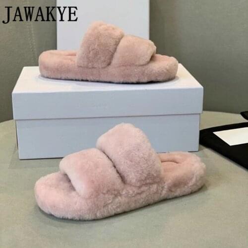 Hairy Fur Slippers for Women Beige Black Pink Thick sole Comfortable Home Flat Shoes Winter Luxury Brand Shoes Mujer 2021