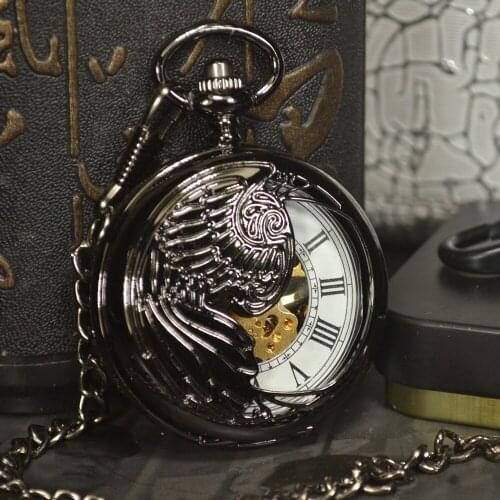 TIEDAN Skeleton Steampunk Black Retro Necklace Chain Mechanical Pocket Watch Fashion Black Antique Pocket Fob Watch