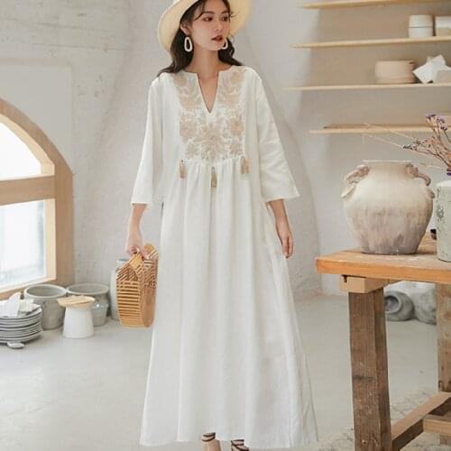Women Spring Summer 2021 Vintage Boho Elegant Casual Party Travel Vacation Dresses Maxi Embroidery Flowers Cotton Ethnic Dress