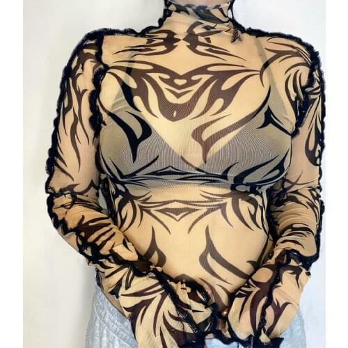 Womens Sexy Mesh T-Shirt See Through Fashion Pattern Long Sleeve Turtleneck Ruffled Trim Slim Crop Top Wild Casual Shirt
