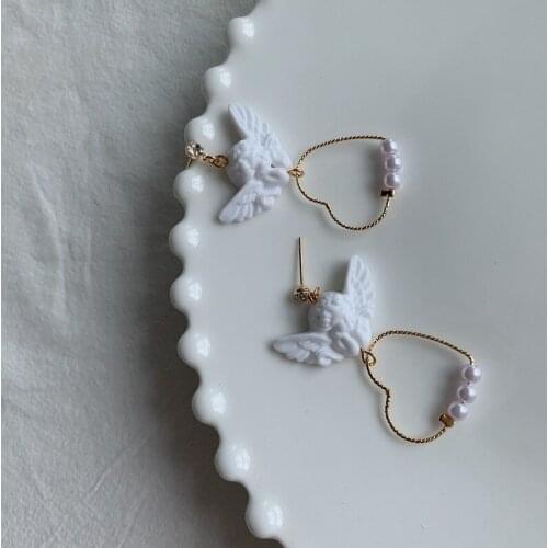 Origin Summer Fairy Cute Cupid Angel Pendant Drop Earring Gold Metal Pearl Heart Shape Hanging Earrings Jewelry for Cool Women