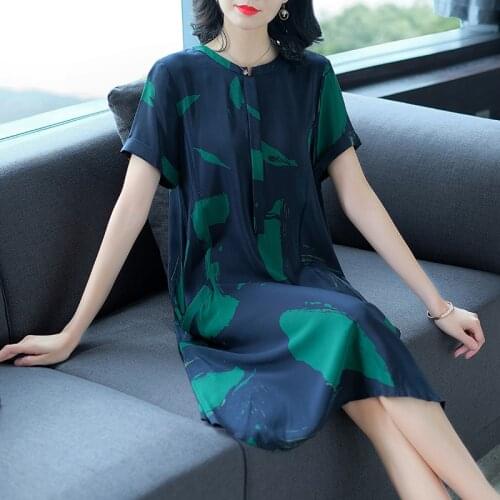 Summer Korea Green Print Mulberry Silk Midi Sundress 2021 Vintage Boho 3XL Plus Size Women Dresses Elegant Bodycon Party Vestido