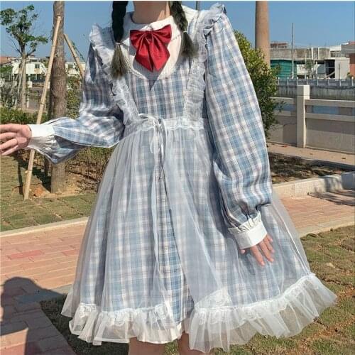 Kawaii Bow Plaid Dress Lolita Female Sweet Cute Doll Collar Long Sleeve Ruffles Dresses Vestidos Gauze Strap Skirt 2 Piece Sets