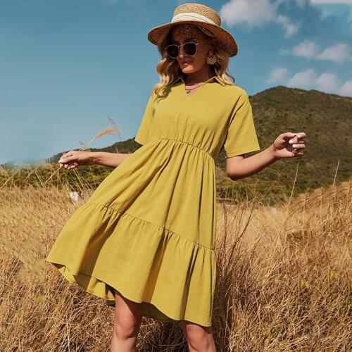 Vintage Mustard Tiered Collared Summer Dress for Women Cute Ladies V Neck High Waist Short Sleeve Knee-Length Cotton Dress