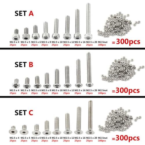 300PCS/set A2 Stainless Steel M2.5 Cap/Button/Flat Head Screws Sets Phillips Hex Socket Bolt With Hex Nuts Assortment Kit