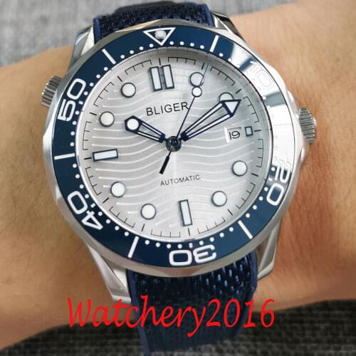 41mm Bliger White Dial Luminous Rubber Ceramic Bezel Sapphire Glass NH35 Date Automatic Mens Watch