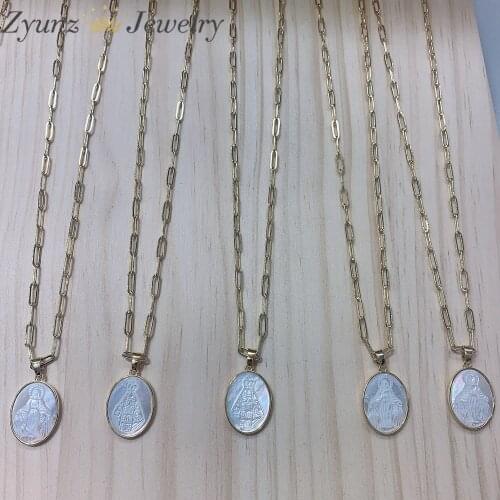 5PCS, Nature Mother Of Pearl Shell Jesus Virgin Mary Guadalupe Pendant Necklace For Women Religious Gold Link Chain Jewelry