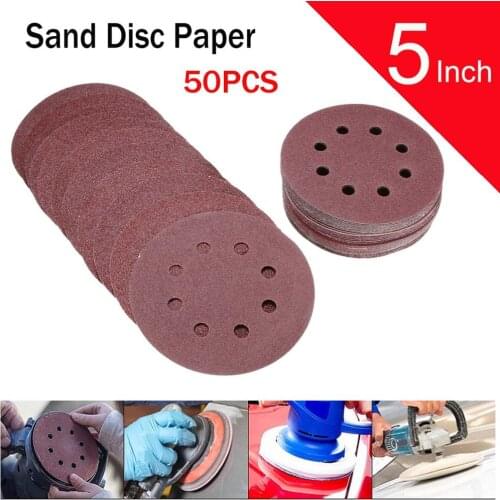 50pcs 5 Inch 8 Hole 80/120/180/240/320 Grit Sanding Polishing Sheets Disc Random Orbit Hook and Loop Sandpaper Sand Paper Round