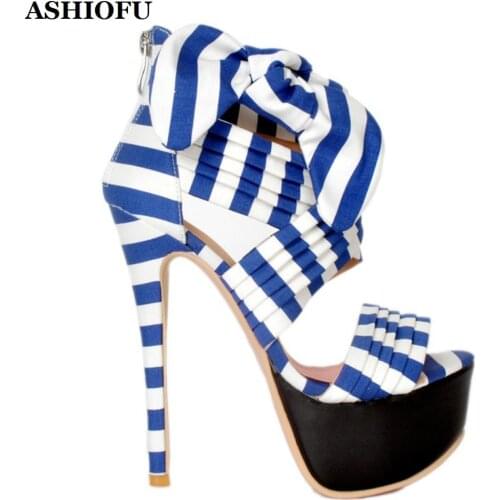 ASHIOFU Handmade Classic Real Photos Womens High Heel Sandals Striped Party Summer Shoes Plus Size Evening Fashion Sandal Shoes