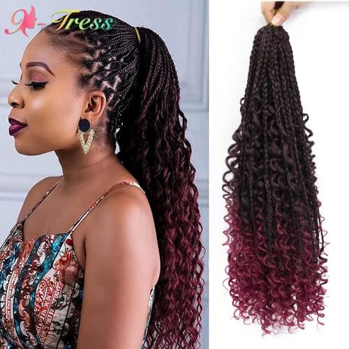 Goddess Box Braids Crochet Hair Bohomian Crochet Braid Hair Curly Ends Ombre Burgundy Synthetic Braiding Hair Extension X-TRESS