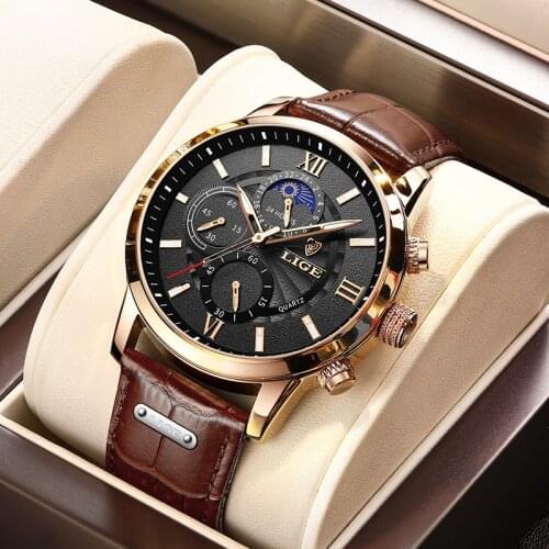 Relogio Masculino LIGE Men Watches 2021 New Fashion Leather Waterproof Luminous Top Brand Luxury Mens Moon phase Quartz Clock
