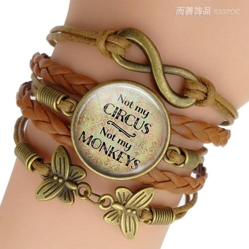 Quote Not My Circus Not My Monkeys Brown Weave Inspirational Glass Dome Cabochon Leather Bracelet Men Women Jewelry Gift