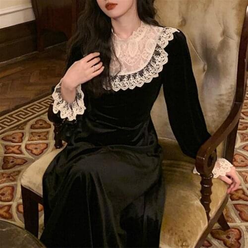 Cotday Black Vintage A-line French Sweet Lace Patchowrk New Spring Butterfly Hollow Out Velvet Sweet Long Sleeve Women Dress