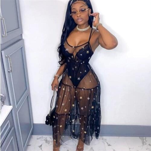 FUFUCAILLM Stars Sequins Womens Dress See-Through Mesh Summer Sling Dress Spaghetti Strap Female Sexy Beach Covers-up Elegant