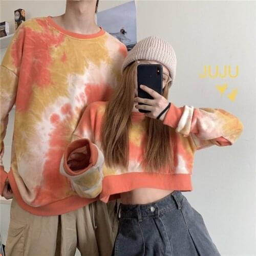 HOUZHOU Tie Dye Women Hoodies Korean Streetwear Autumn Oversized Sweatshirts Pullovers Harajuku Oversized Printed Famale Tops