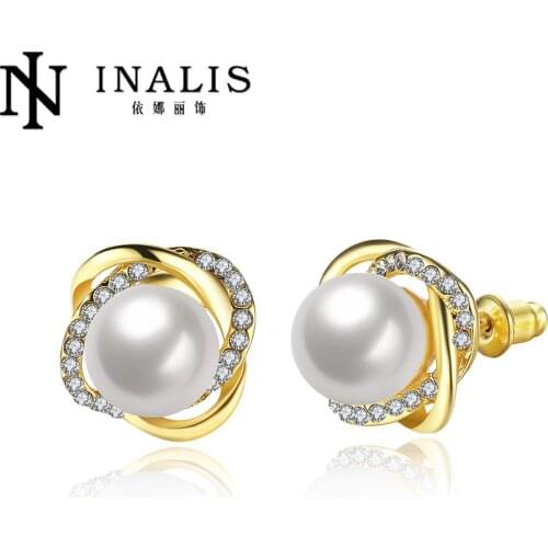 INALIS Brand New Wholesale Charm Vintage Design Style Round AAA Imitation Pearl Earrings Stud For Women Elegant Bridal E871