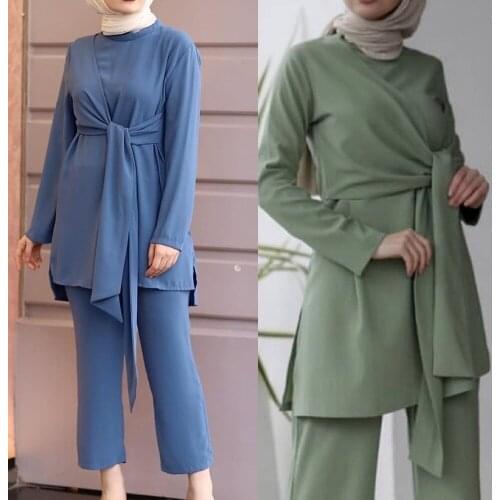 Lugentolo Fashion Islamic Clothing Muslim Sets Loose Tops and Trousers Sashes Summer New Womens Muslim Suits