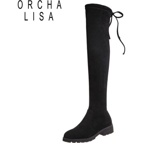 ORCHALISA 2021 New Platform Midcalf Bootie Stretchy Lace Up Round toe Flat Square Heel Suede Autumn Winter Big Size 34-43 S2433
