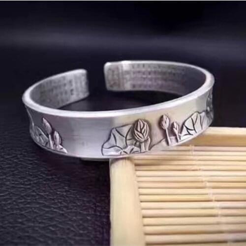 New silver bracelet 999 retro contracted lotus heart sutra bracelet men and women