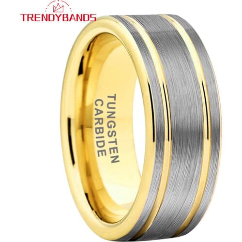 8MM Double Grooved Gold Tungsten Rings For Men Women Wedding Band Brushed Finish Comfort Fit