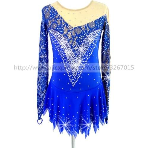 Figure Skating Dress Customized Competition Ice Skating Skirt for Girl Women Blue lace fabric Shiny rhinestone pattern