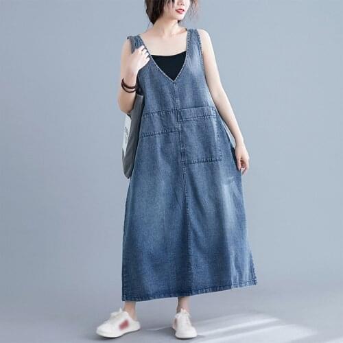 Helisopus Denim Dress Women Summer Casual Vintage Denim Dress V-neck Sleeveless Solid Color Distressed Large Patch Pocket Dress