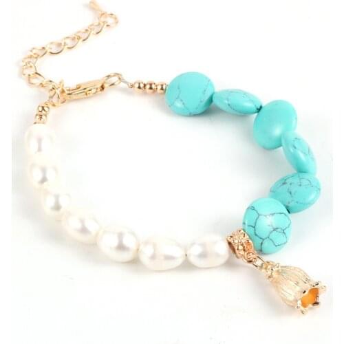 Freshwater Pearls & Natural Stone Bracelets For Women Girls BOHO Round Turquoises Crystal Beads Gold Flower Charm Bracelet New