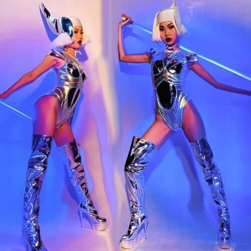 Stage Costume Silver Reflective Bodysuit Nightclub Singer Dancer Performance Clothing Jumpsuit Gogo Dance Dancewear VDB3908