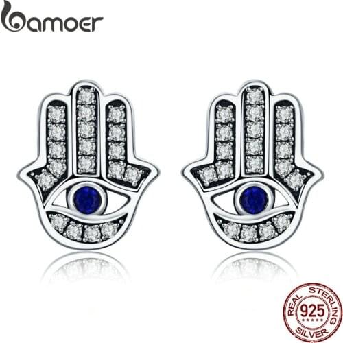 BAMOER Trendy 100% 925 Sterling Silver Fashion Hamsa Hand Clear CZ Stud Earrings for Women Sterling Silver Jewelry Gift SCE389