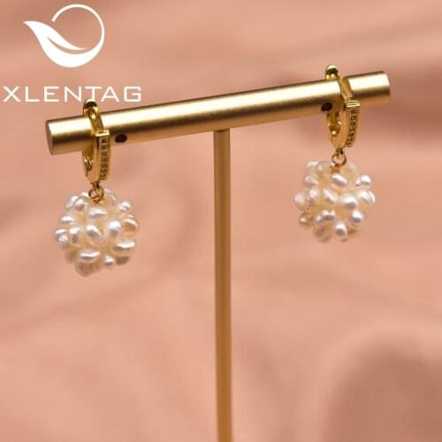 Xlentag Freshwater Pearl Flower Ball Zirconium Plated Brass 18K Gold Earrings Ladies Birthday Party Luxury Gift Jewelry GE1048