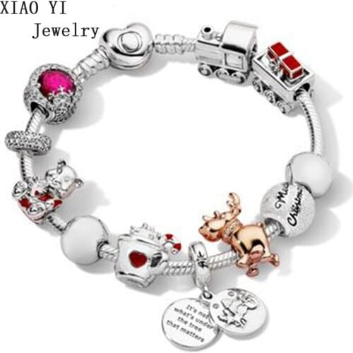 XIAOYI 100% s925 charm winter bracelet Christmas charm rose elk bear train bracelet gift gentle lovely beautiful