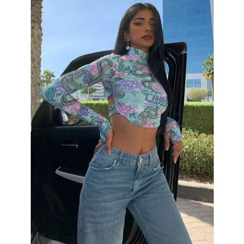 2020 Fashion Dragon Print Long Sleeve Crop Tops T-shirt Women Spring Autumn Slim Fit Tops Turtleneck Sexy Club Tee Shirts Female