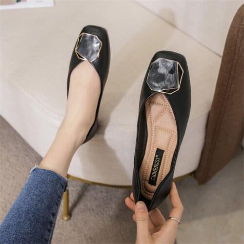 2021 Women Spring Autumn Square Toe Low Heel Office Lady Flat Shoes Bling Solid Fashion Luxury Nude Shoes Designer Loafers