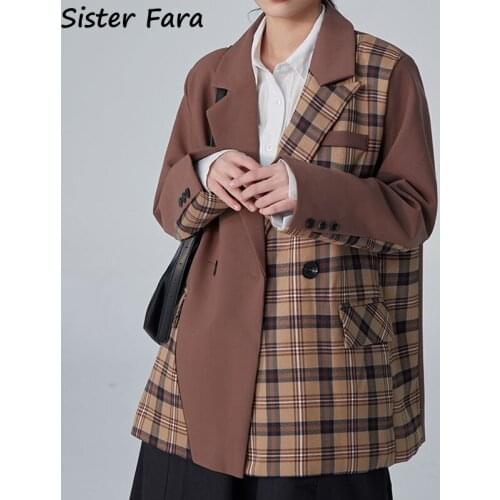 Sister Fara Ladies Winter Patchwork Plaid Blazers Jacket Women Elegant Double Breasted Casual Blazers Autumn Full Sleeve Blazer