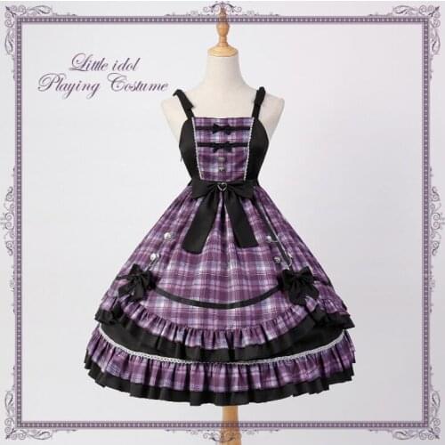 Original Design Little Idol Playing Costume Womens Lolita JSK Dress Sleeveless Dress Purple & Black Plaid Dress &Hat&Necklace
