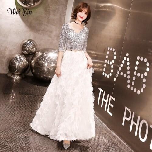 Weiyin Robe De Soiree 2021 New Elegant A Line V Neck White Lace Long Formal Evening Dresses Sequined Party Gowns WY1544