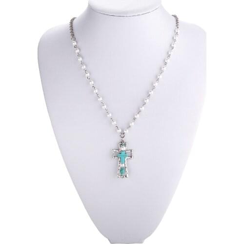 The Solemn Religion Metal Cross Pearl Necklace For Women Bohemia Stone Pendant BIb Pearl Fashion Choker Collar Bijoux Colliers